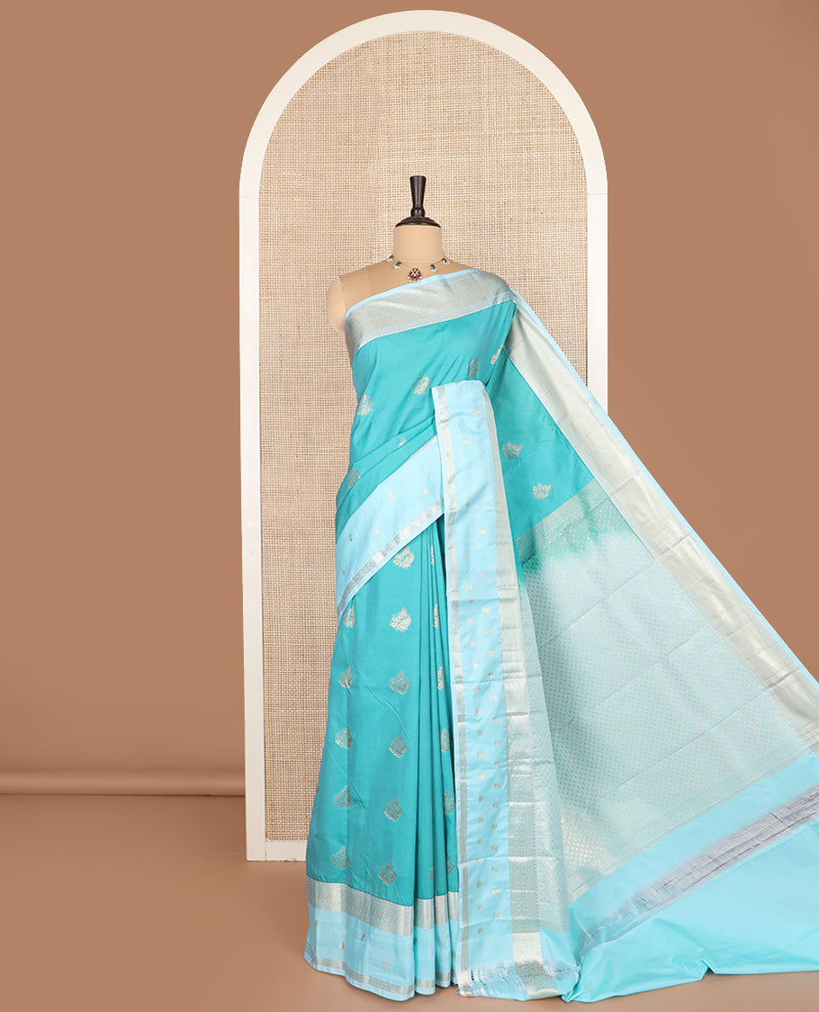 Blue zari buttas budget silk saree, contrast traditional zari design border, and jaal pallu