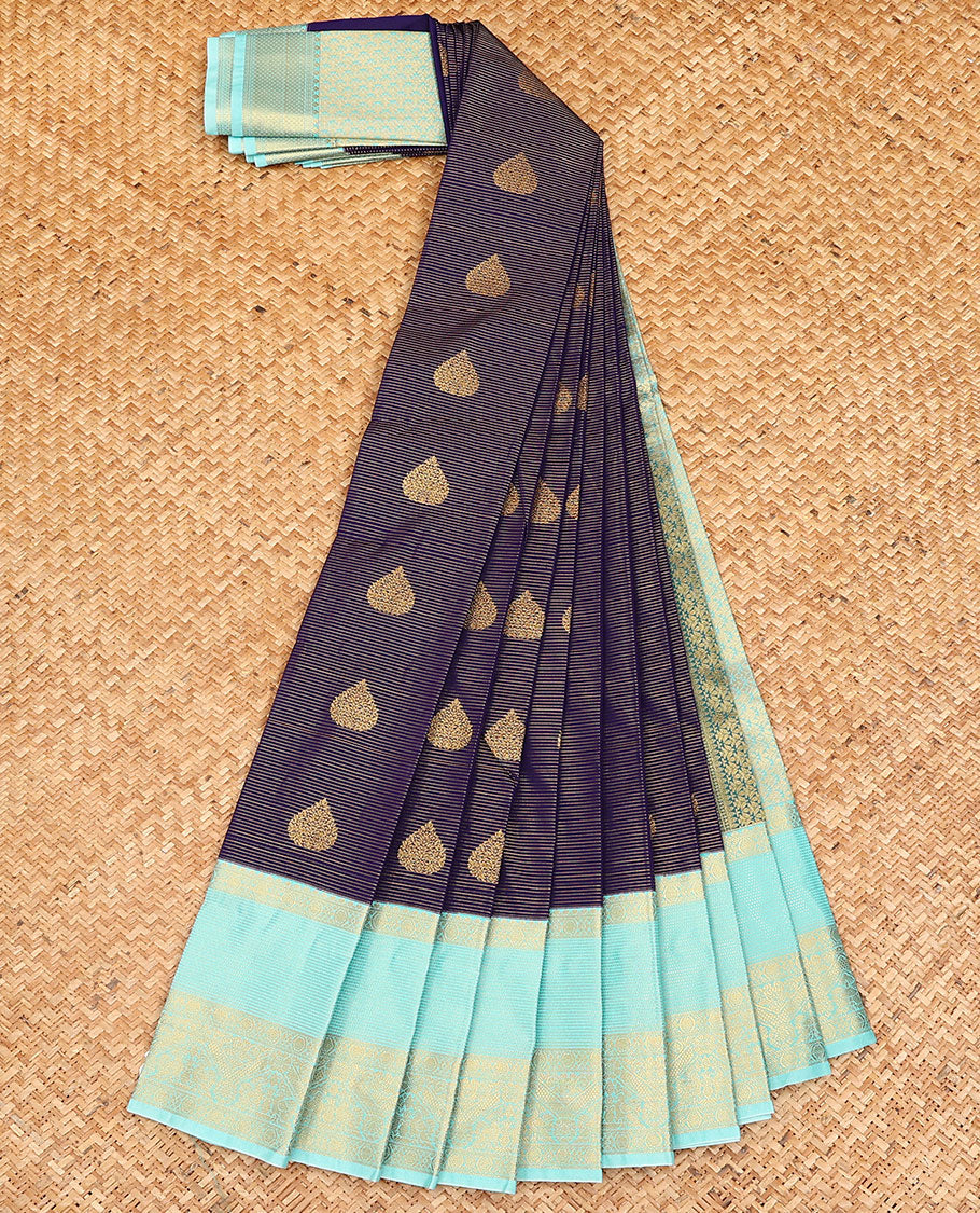Violet zari stripes, and buttas budget silk saree, contrast traditional zari design border, and jaal pallu