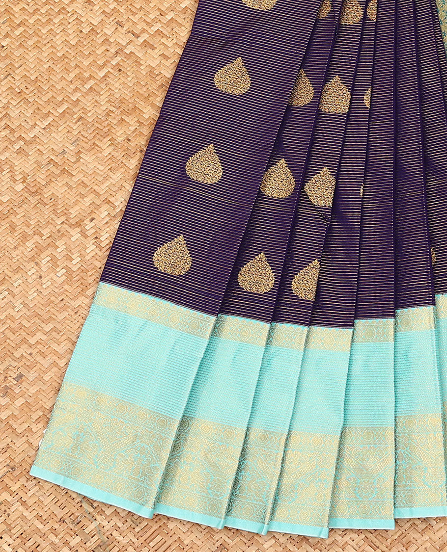 Violet zari stripes, and buttas budget silk saree, contrast traditional zari design border, and jaal pallu
