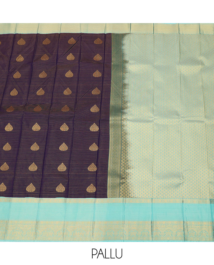 Violet zari stripes, and buttas budget silk saree, contrast traditional zari design border, and jaal pallu
