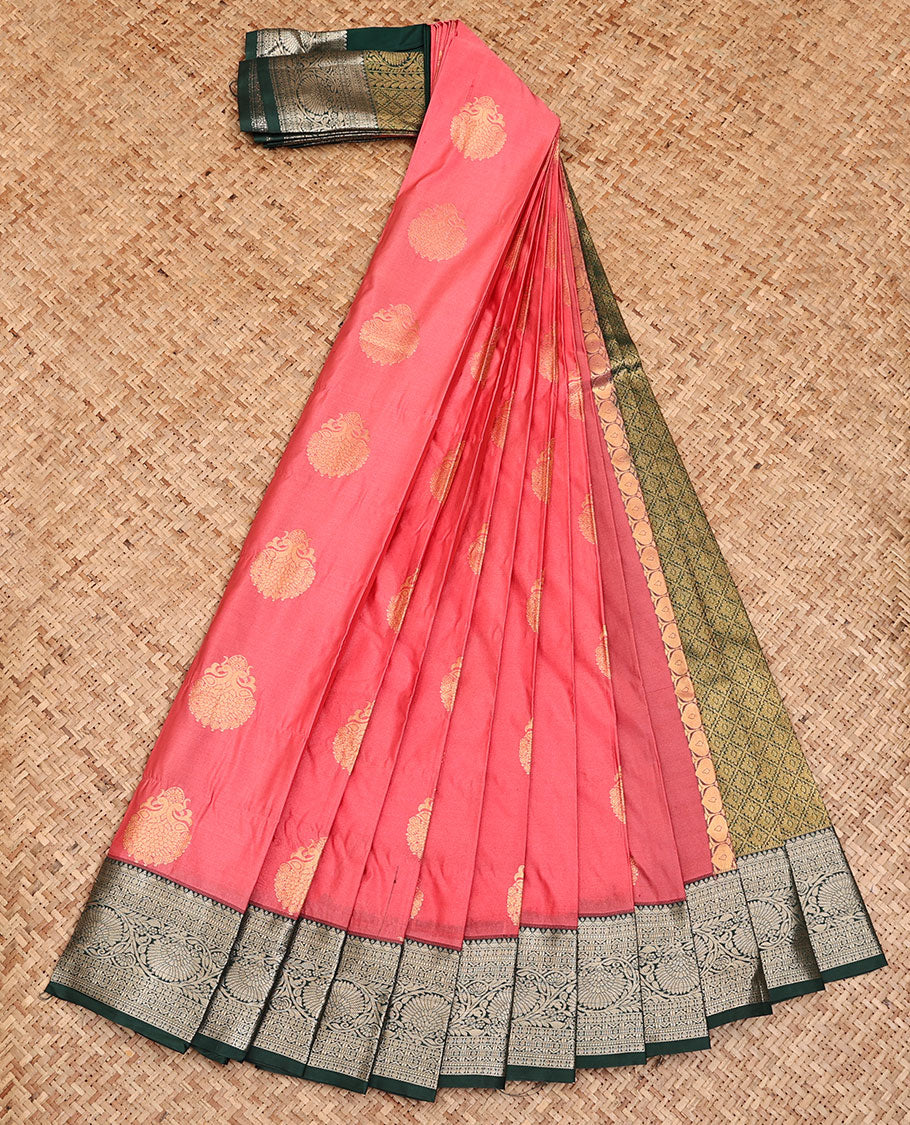 Pink Budget Silk Saree, Meticulously Crafted with Peacock Buttas, Complemented by a Contrast Traditional Zari Border of Floral Creeper Designs, Grand Pallu of Jaal Designs, and Paired with a Contrast Blouse
