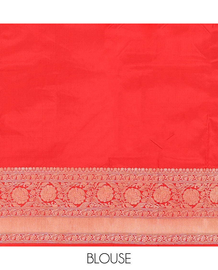 Green zari buttas katan silk saree, contrast traditional border of floral creeper design, and floral jaal pallu