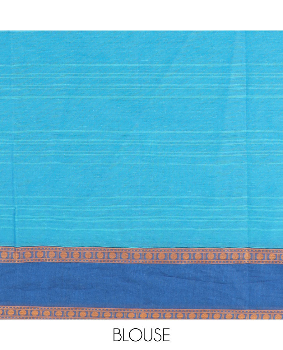 Blue striped and buttas coimbatore cotton saree, contrast rettai pettu border of pallu of floral designs