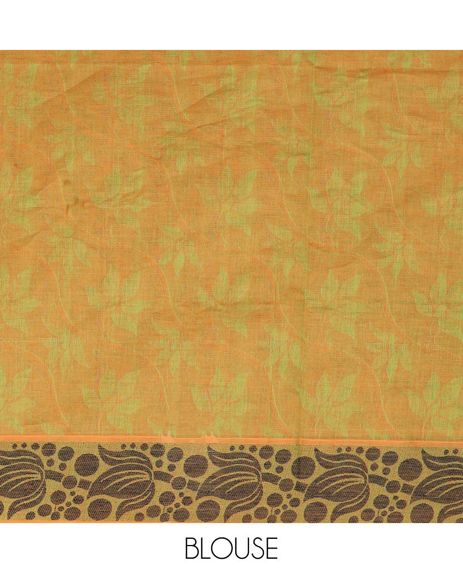 Orange floral vine Coimbatore cotton saree, lotus & dots design border & contrast leaf motifs woven pallu