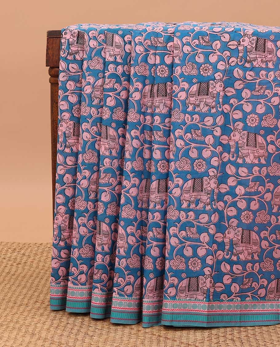 Blue kalamkari-style floral vine & elephant chirala cotton saree, contrast traditional design border & pallu of stripes & floral design
