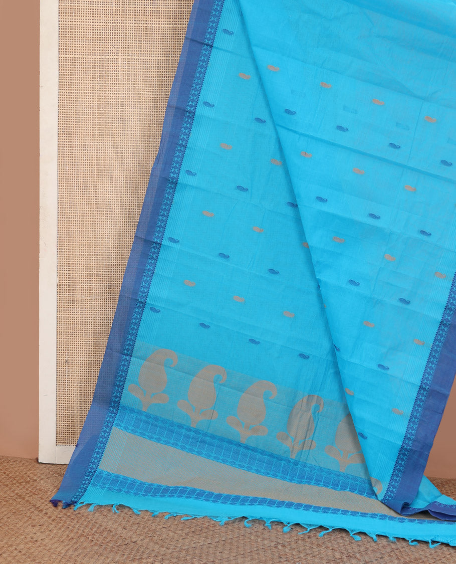 Blue paisley buttas Kanchi cotton saree, contrast traditional border, and pallu of paisleys