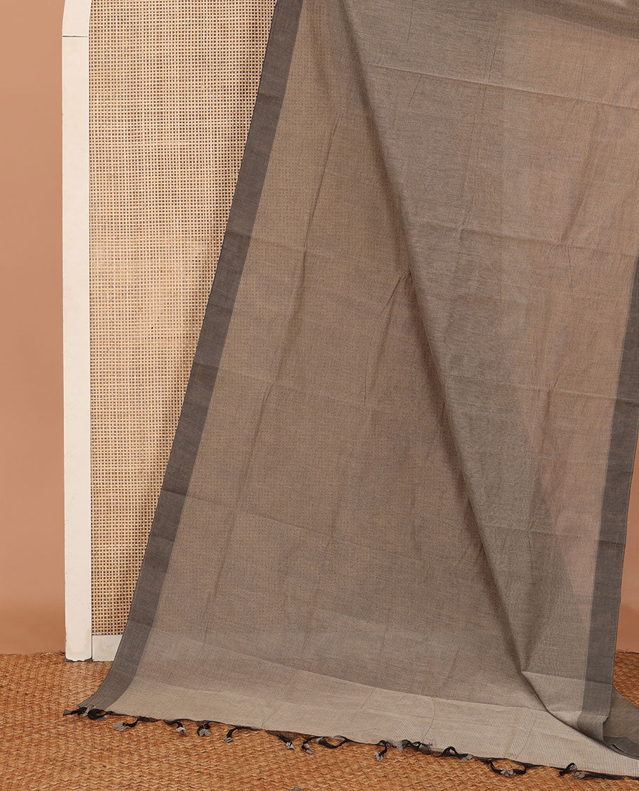 Brown sparesly striped Mangalagiri Cotton saree, contrast plain border, and contrast Pichwai cow printed blouse