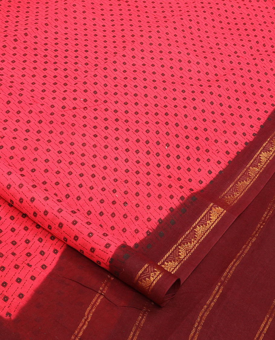 Pink buttas nine-yard cotton saree, contrast temple motifs border, and striped pallu