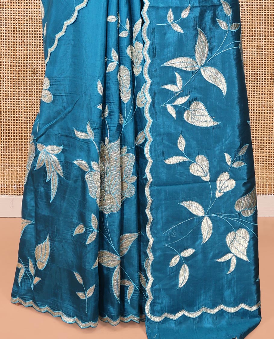 Peacock Blue Dupion Silk Saree, Delicately Decked Up with Floral-Leaf Vine Embroidered On Its Body, Subtle Scallop Border, Artfully Floral Embroidered Pallu, and Paired with a Plain Blouse