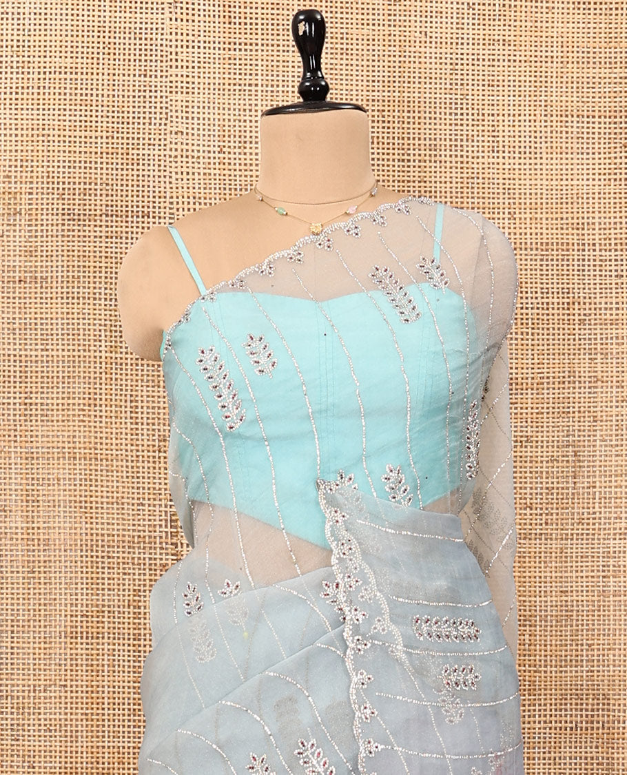 Sky Blue Swarovski and Meena Stonework Organza Designer Saree with Scallop Border, Matching Blouse