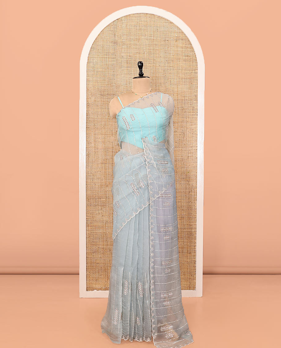 Sky Blue Swarovski and Meena Stonework Organza Designer Saree with Scallop Border, Matching Blouse