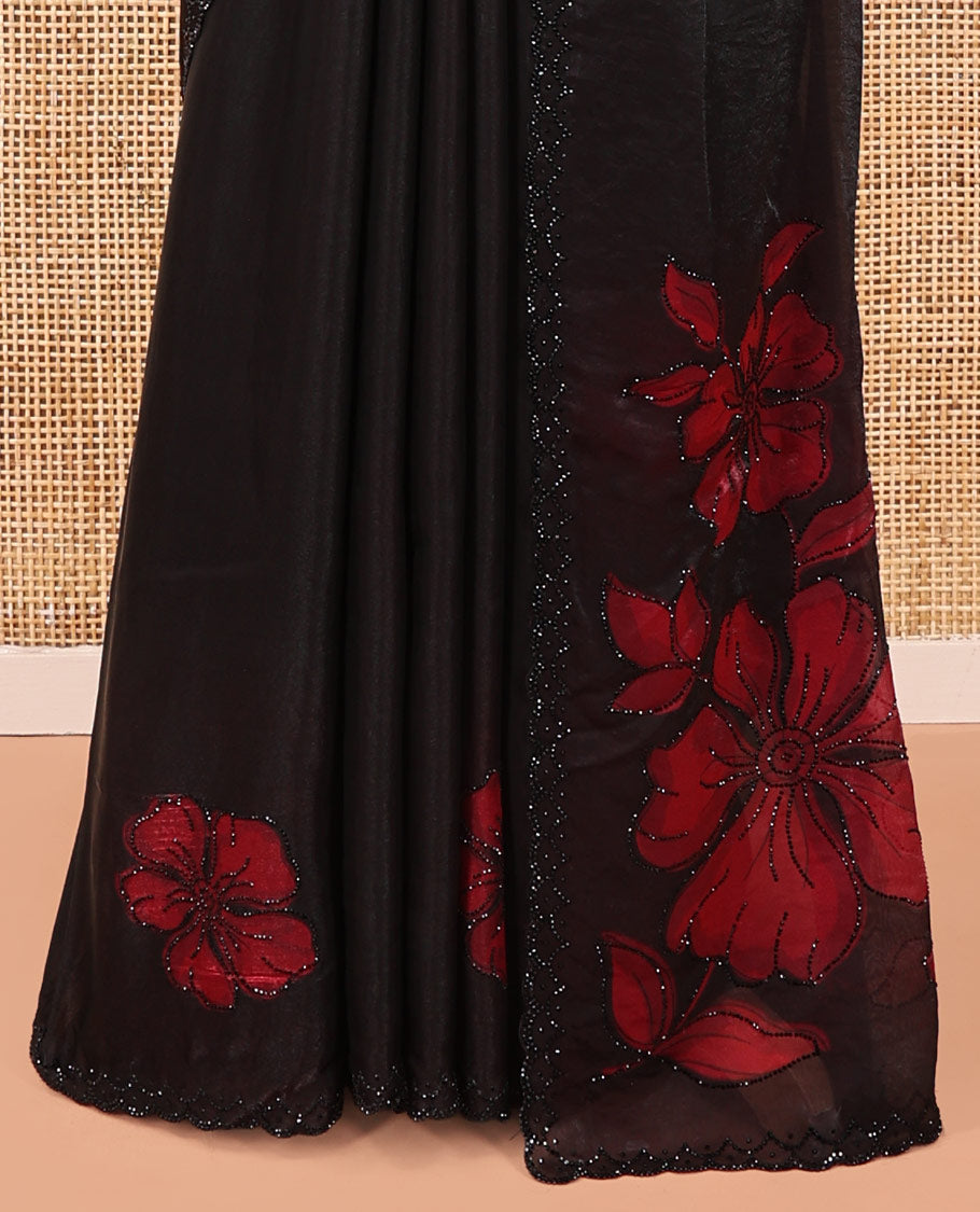 Black Designer Saree, Beautified with Floral Print and Outline Stone Embroidery On Its Body, Scallop Stone Work Border, Pallu of Stone Work, and Paired with a Matching Blouse