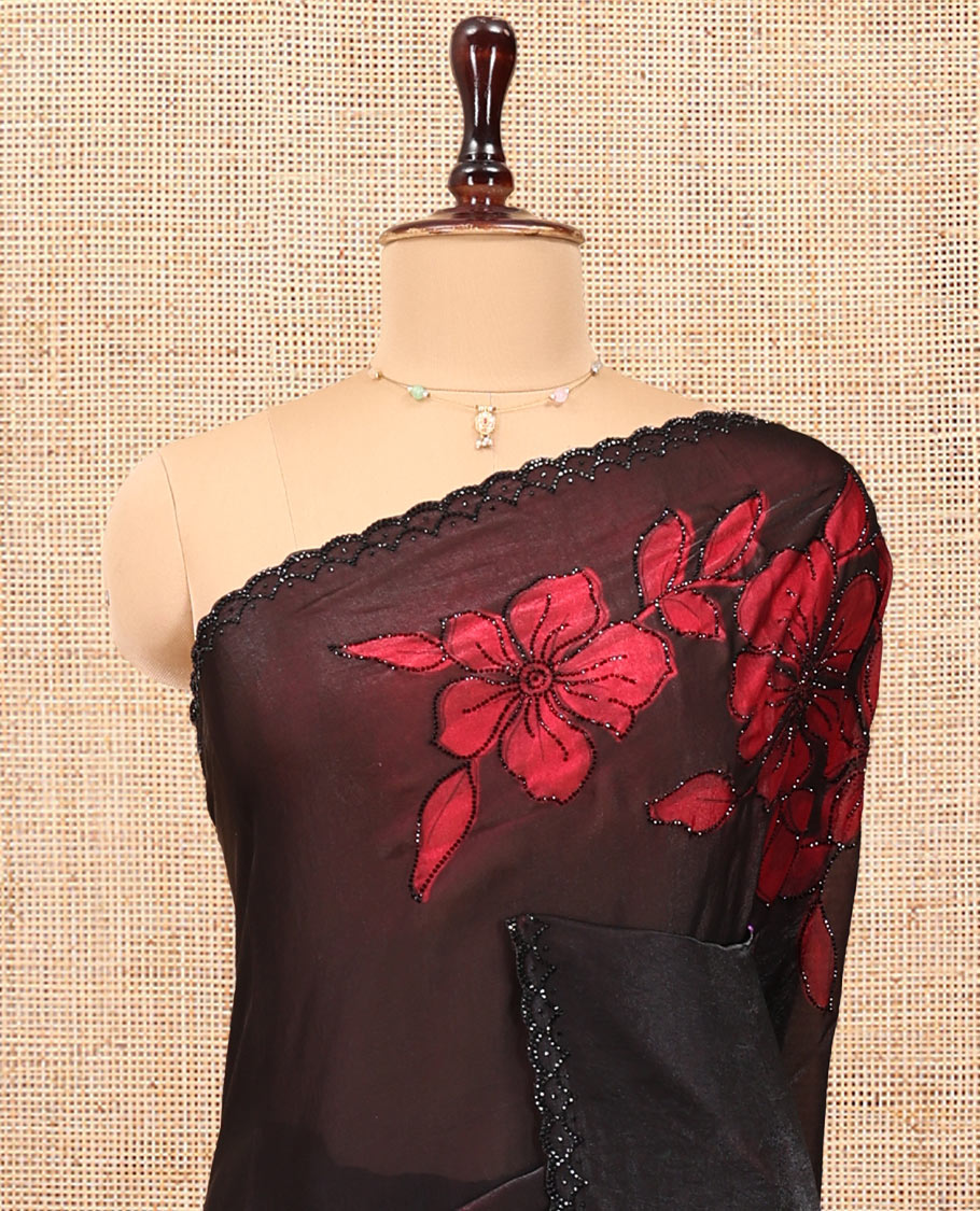 Black Designer Saree, Beautified with Floral Print and Outline Stone Embroidery On Its Body, Scallop Stone Work Border, Pallu of Stone Work, and Paired with a Matching Blouse