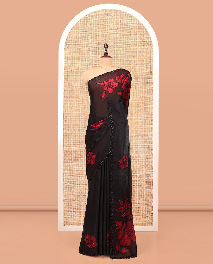 Black Designer Saree, Beautified with Floral Print and Outline Stone Embroidery On Its Body, Scallop Stone Work Border, Pallu of Stone Work, and Paired with a Matching Blouse