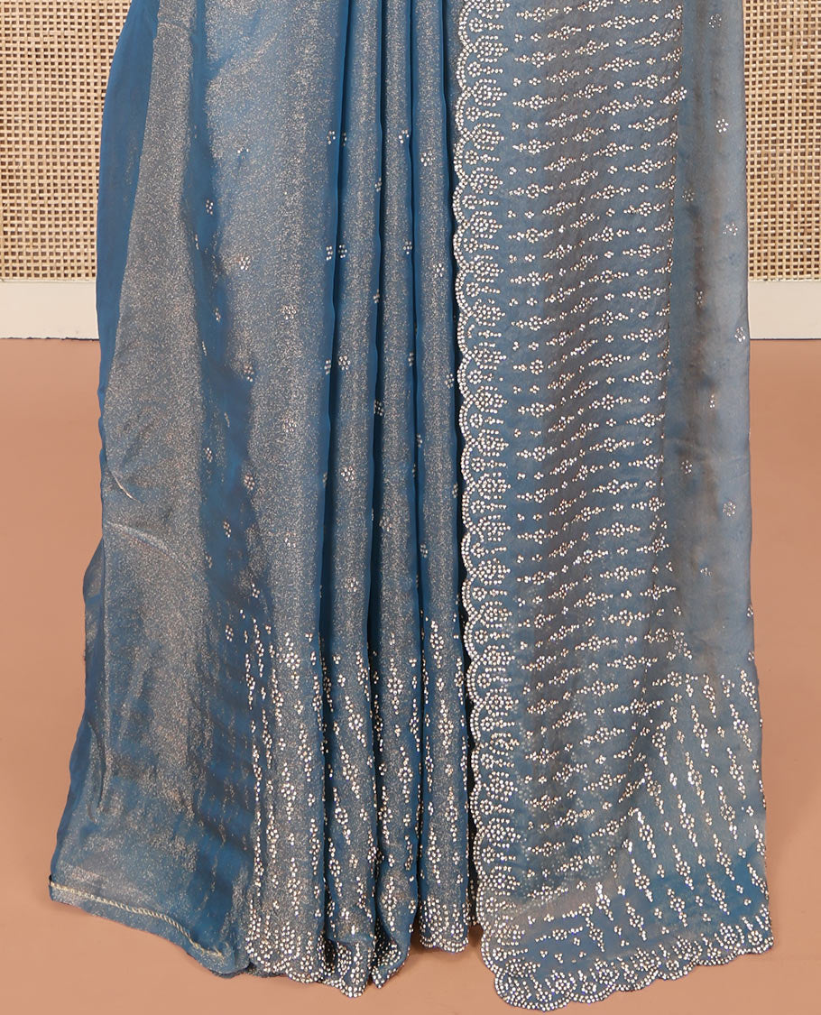 Blue Designer Saree Featuring Stonework, Scallop Stonework Border, Self Pallu, and Matching Blouse