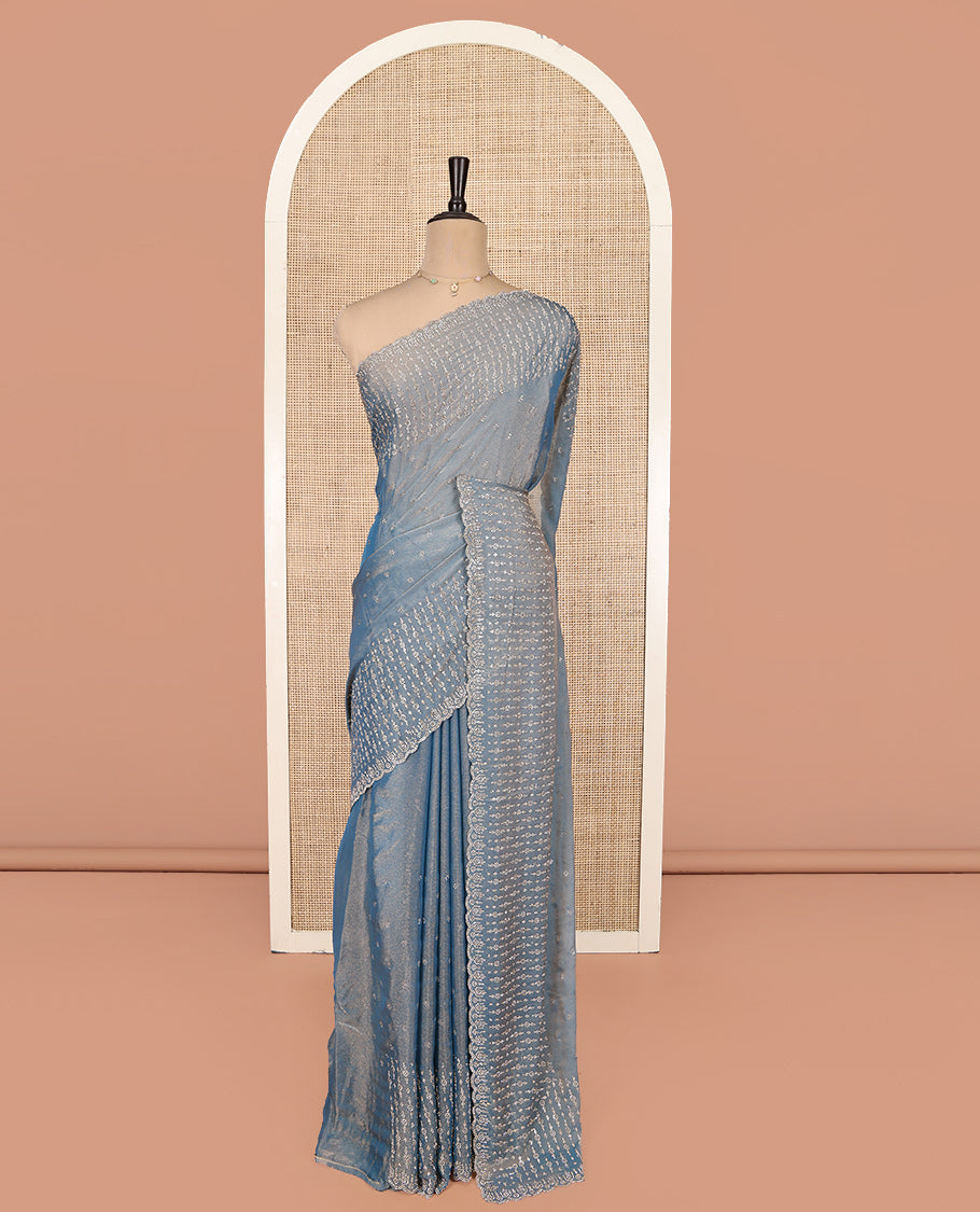Blue Designer Saree Featuring Stonework, Scallop Stonework Border, Self Pallu, and Matching Blouse
