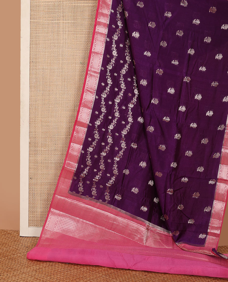 Purple floral buttas, and floral creeper designs raw mango silk saree, contrast traditional zari border, and jaal pallu
