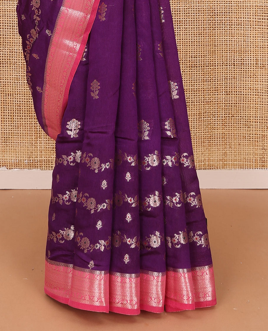 Purple floral buttas, and floral creeper designs raw mango silk saree, contrast traditional zari border, and jaal pallu
