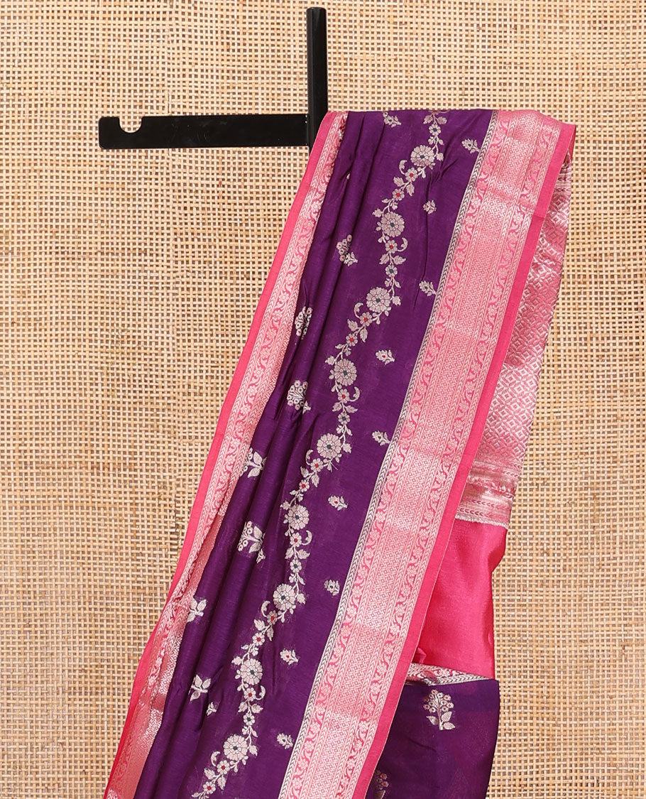 Purple floral buttas, and floral creeper designs raw mango silk saree, contrast traditional zari border, and jaal pallu