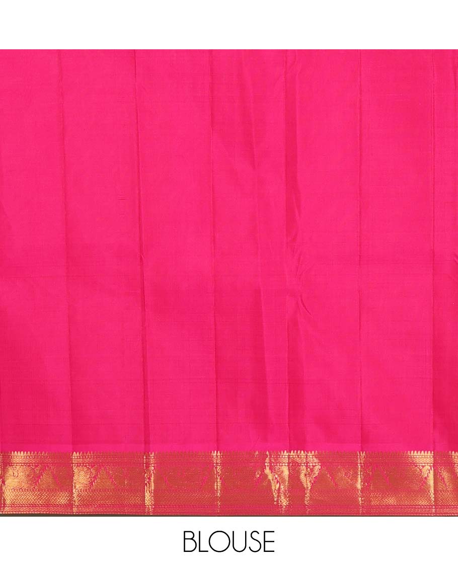 Purple Kanchipuram Silk Saree, Beautified with Kamalam Zari Buttas on Its Body, Complemented by Contrast Border of Rekku, Muthu, Mayil Kann, Mayil, and Vanki Designs, Pallu of Butta Enclosed Checks, and Paired with a Contrast Blouse