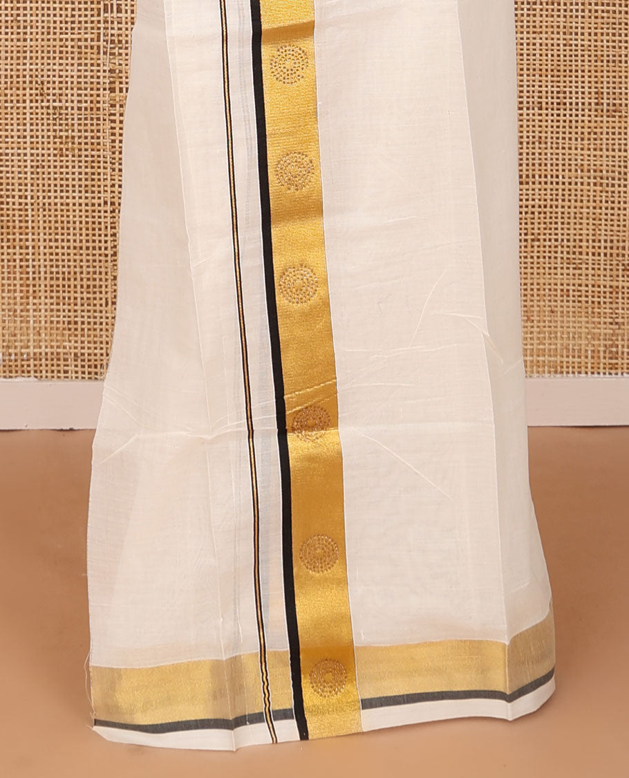Cream plain Kerala mundu set with contrast zari border decked up with micro-stone chakram motifs