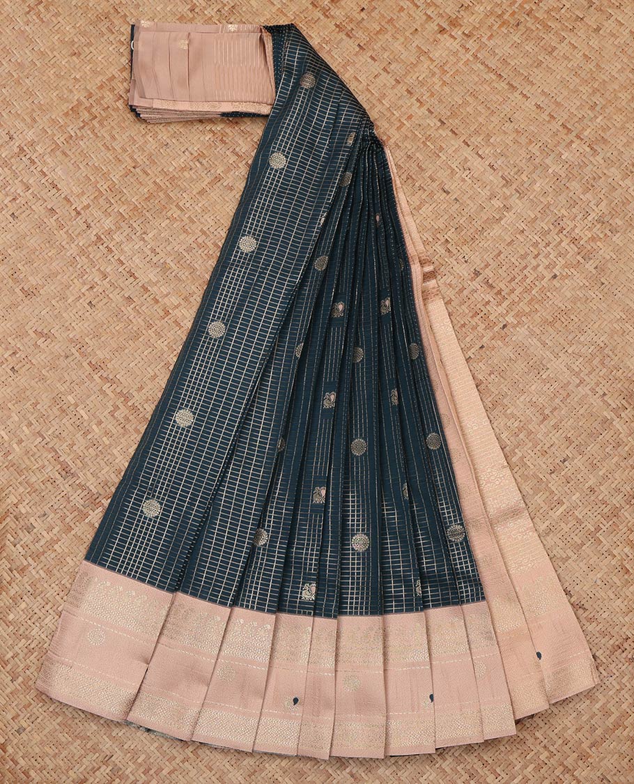 Green Litchi Saree, Bedecked with Peacock-Chakram Buttas and Checks, a Contrast Traditional Zari Border, Finely Crafted Pallu, and a Contrast Blouse