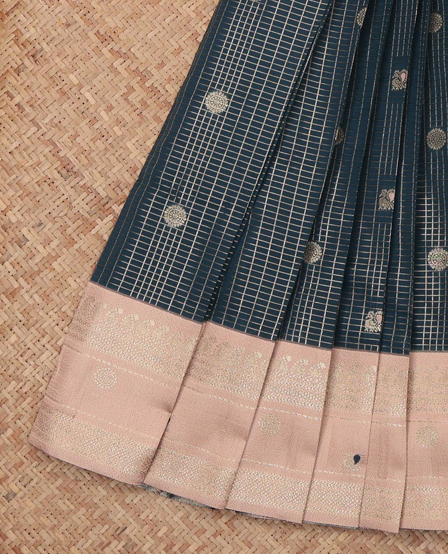 Green Litchi Saree, Bedecked with Peacock-Chakram Buttas and Checks, a Contrast Traditional Zari Border, Finely Crafted Pallu, and a Contrast Blouse