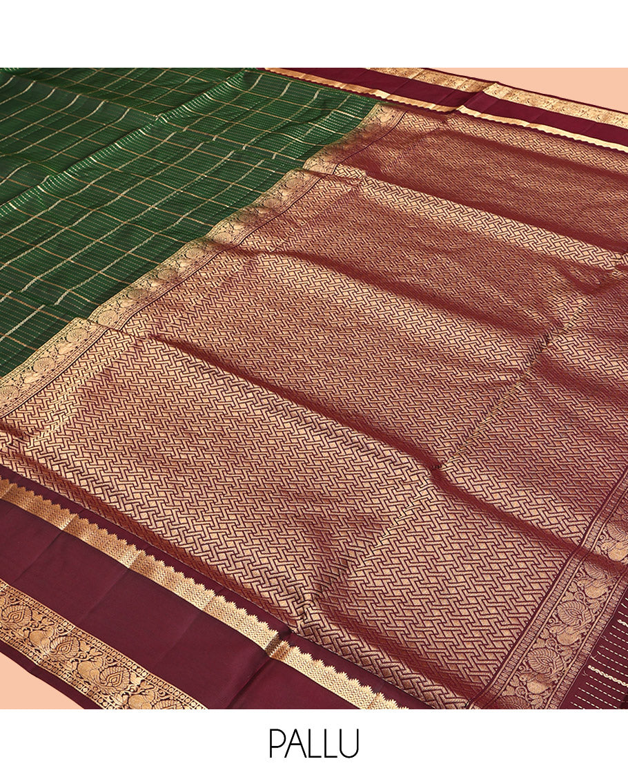 Green Mayuri Lite Silk Mix Saree, Spotlighted with Zari Checks, a Contrast Rettai Pettu Border of Rekku, Rudraksha, and Mayil, Geometric Pallu, and a Contrast Blouse