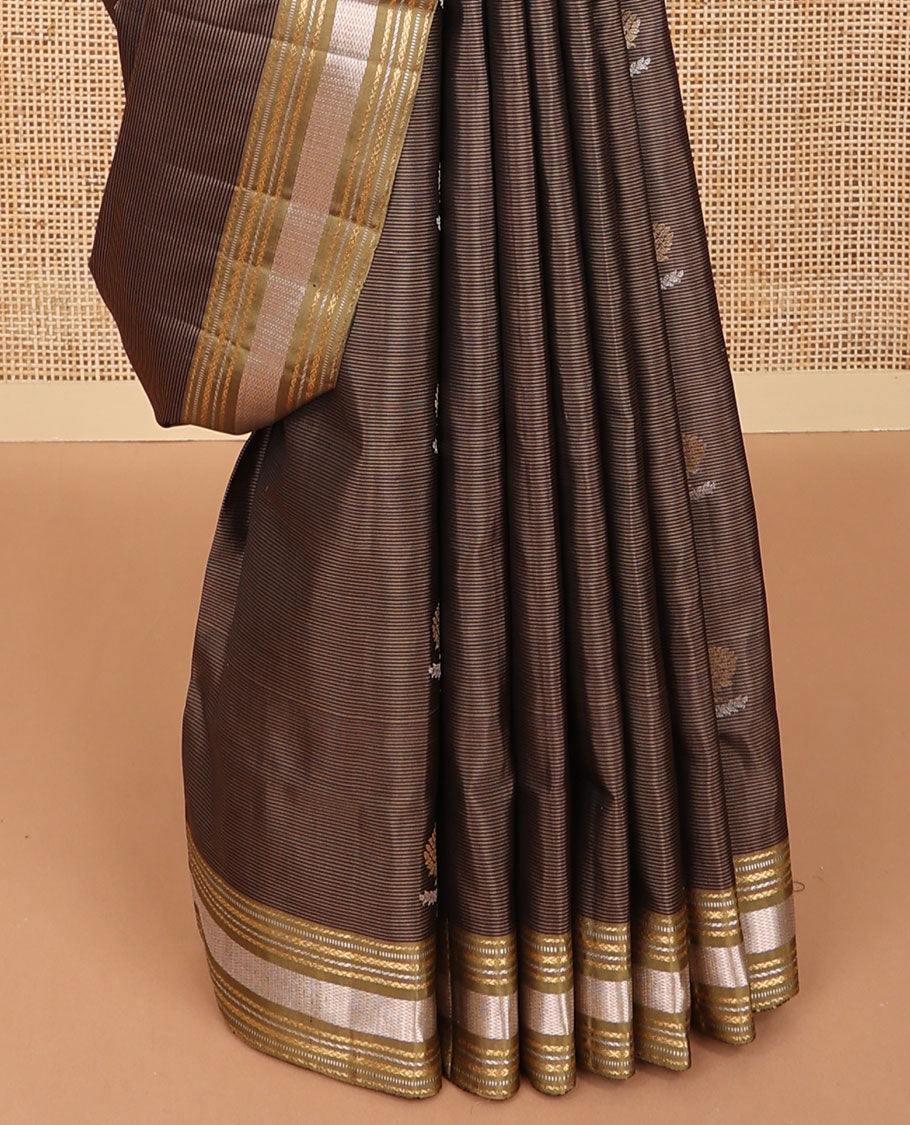 Brown striped, floral motifs mayuri soft silk saree with self striped border & floral design pallu