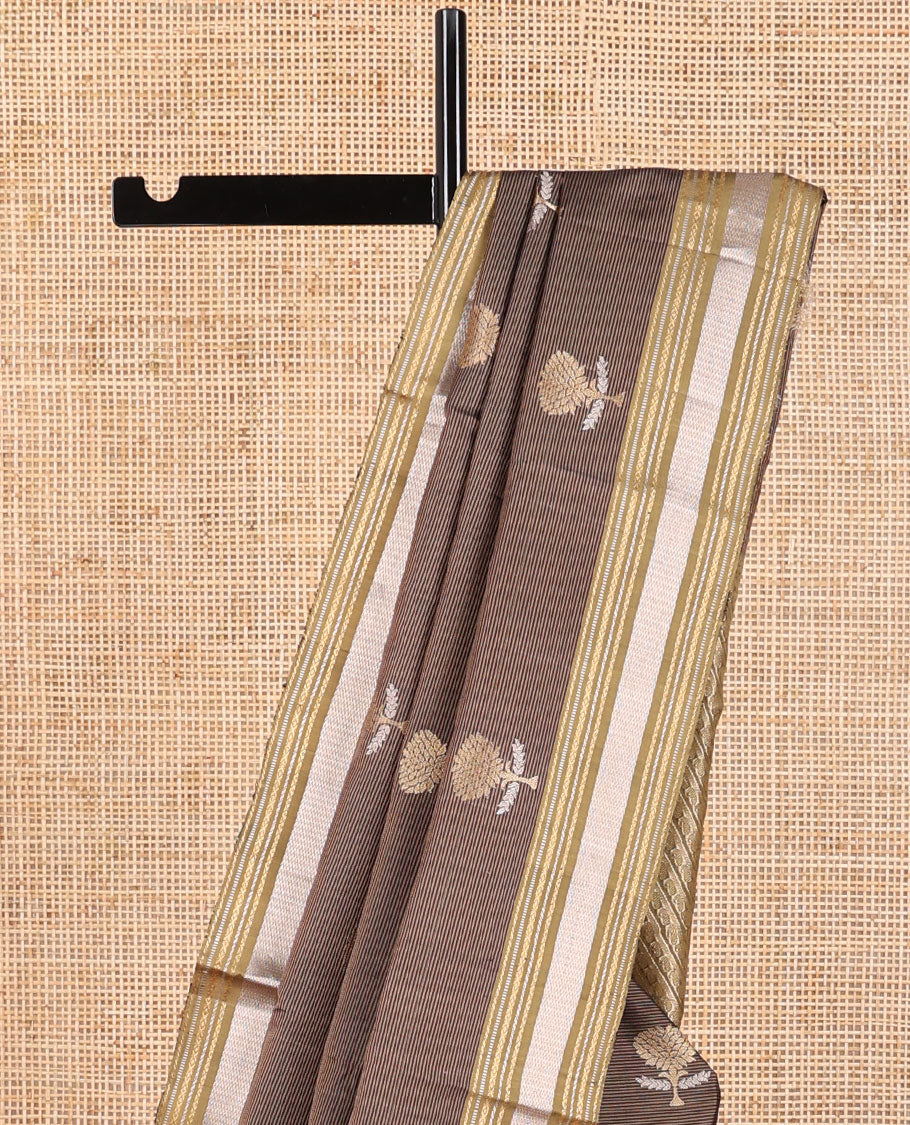 Brown striped, floral motifs mayuri soft silk saree with self striped border & floral design pallu