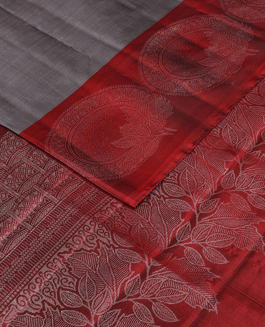 Grey circular zari buttas soft silk saree, contrast circular motif border & leaf creeper pallu