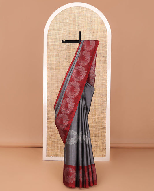 Grey circular zari buttas soft silk saree, contrast circular motif border & leaf creeper pallu