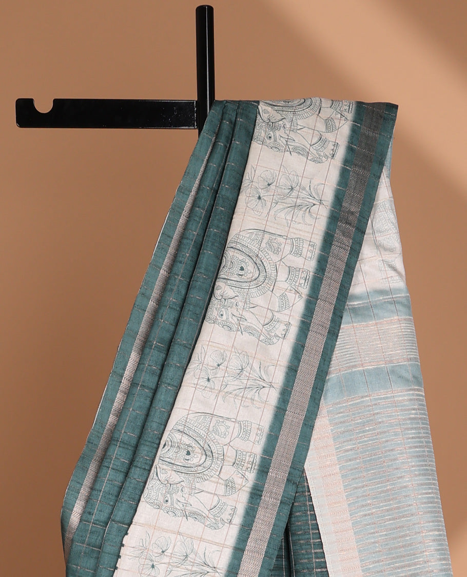 Peacock green all-over copper zari checks design semi tussar saree with floral, elepgant design, copper zari jacqaurd border & linnnin chip pallu along with self ajrackprinted checks blouse