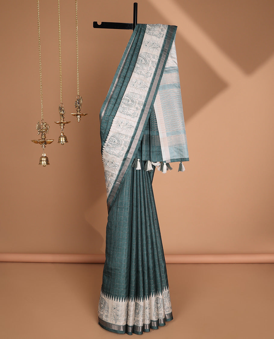 Peacock green all-over copper zari checks design semi tussar saree with floral, elepgant design, copper zari jacqaurd border & linnnin chip pallu along with self ajrackprinted checks blouse