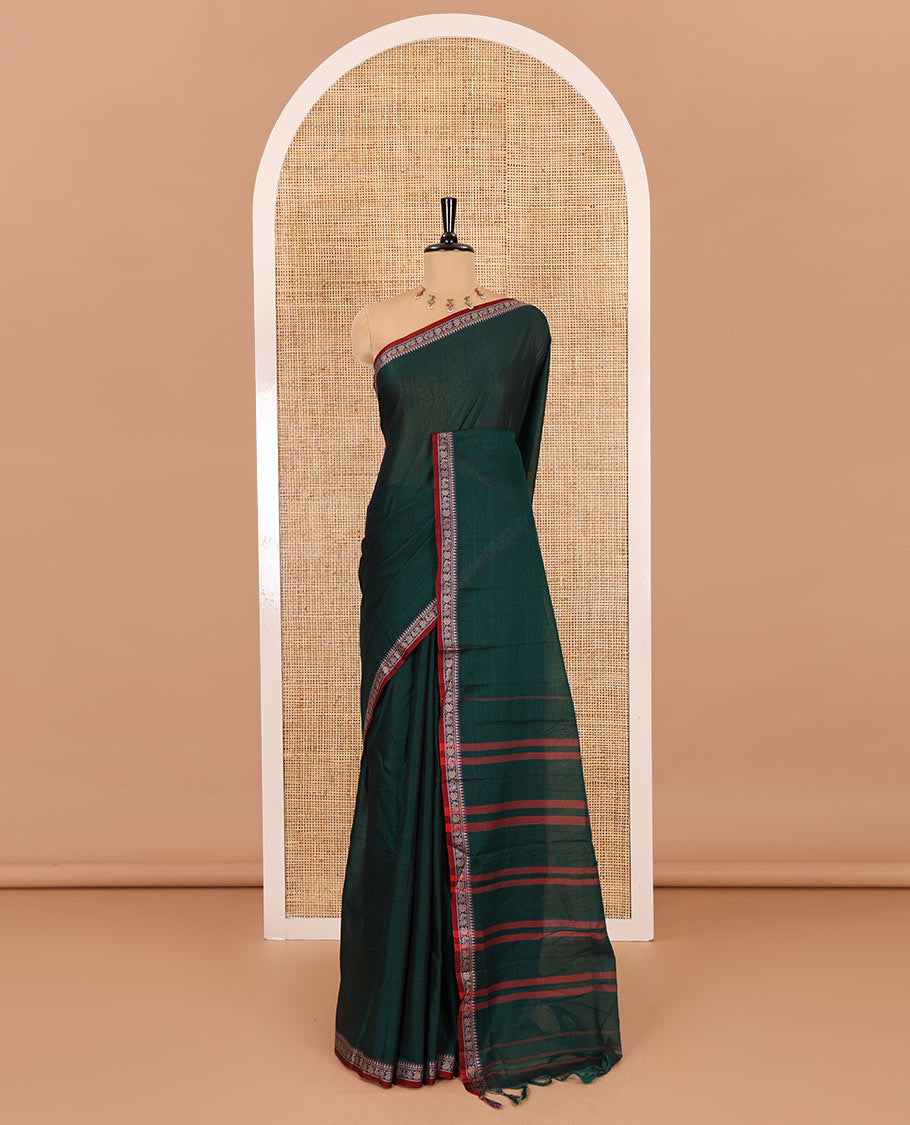 Green plain mercerised cotton saree, contrast temple traditional border, striped pallu, and a matching blouse