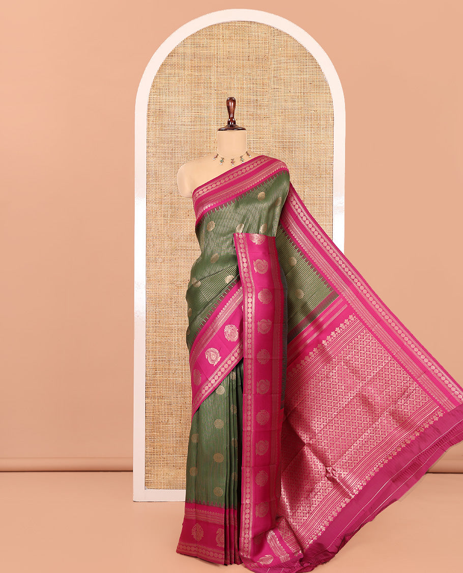 Olive Green Kanchi Silk Saree, Adorned with Zari Buttas and Stripes, Contrast Traditional Zari Border, Jaal Pallu, a Contrast Blouse