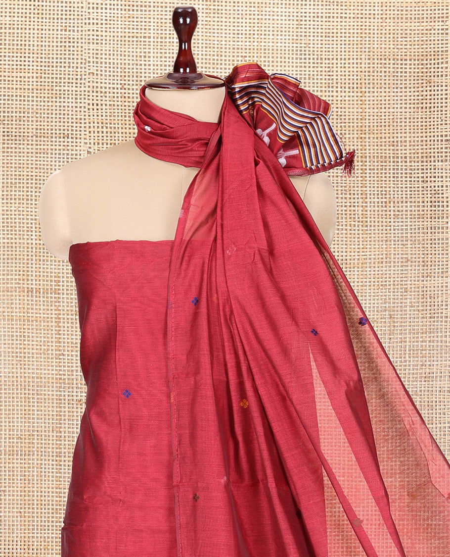 Maroon Mul Chanderi Material Churidar Features Jamdani-Style Meena Buttas Top, a Plain Bottom, and a Jamdani-Style Dupatta