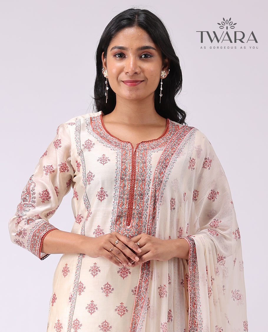 Twara white floral motifs chinese collar , 3/4 th sleeve , below knee lenght kurti with straight pants & floralmotifs dupatta