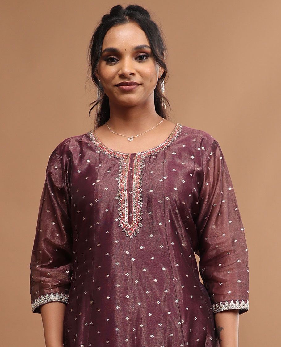 Violet floral embroidered round neck, 3/4 th sleeve,below knee lenght top with straight pants & floral printed dupatta