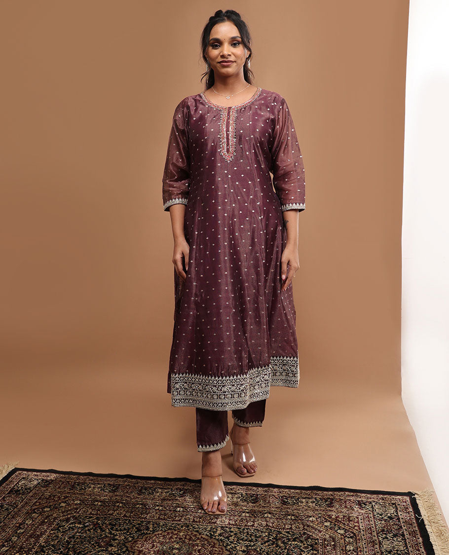 Violet floral embroidered round neck, 3/4 th sleeve,below knee lenght top with straight pants & floral printed dupatta