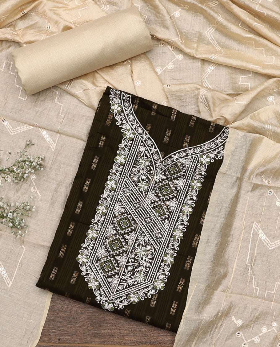 Brown material chudidar set, buttas with neck embroidered top, contrast plain bottom, and thread and sequins embroidered dupatta