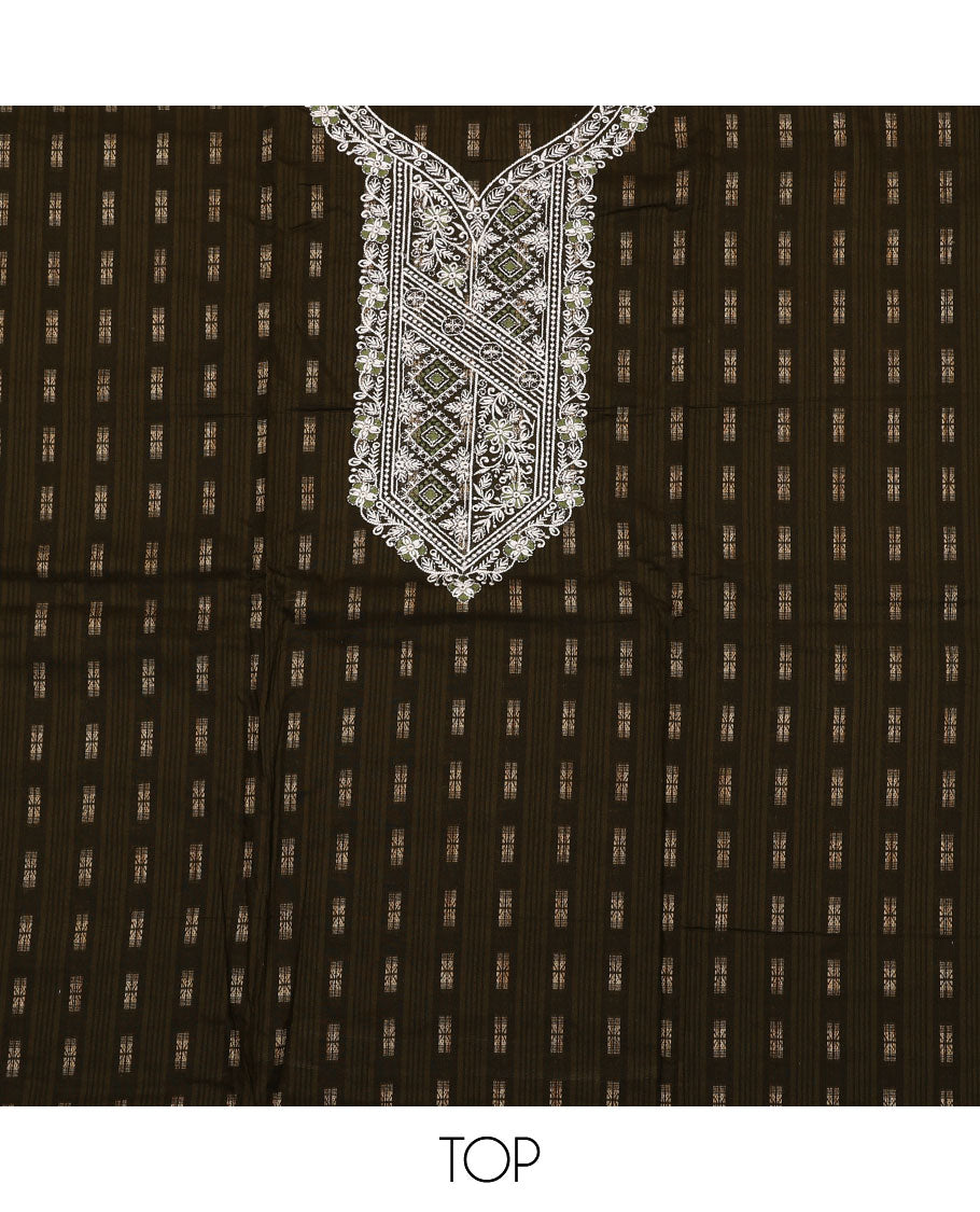 Brown material chudidar set, buttas with neck embroidered top, contrast plain bottom, and thread and sequins embroidered dupatta