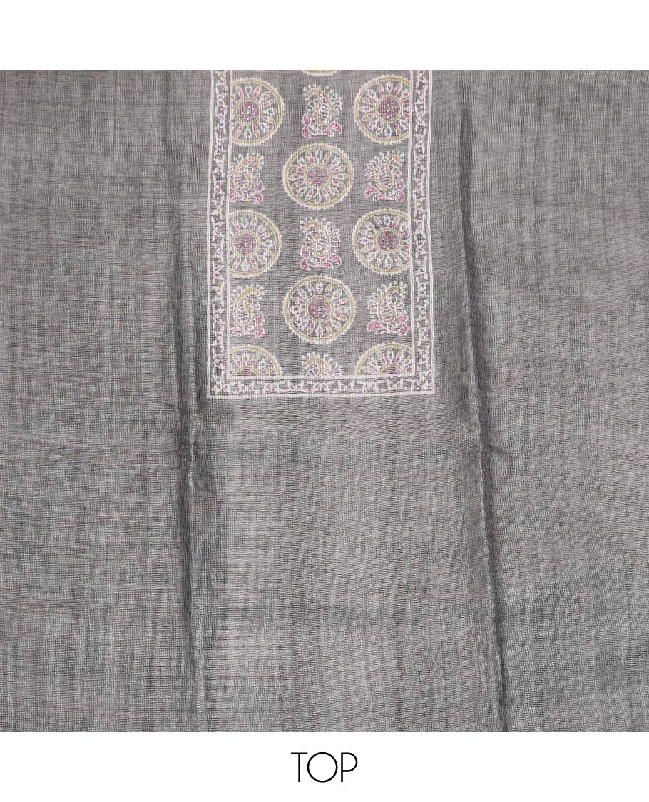 Grey material chudidar set, Ajrakh style printed with stone work top, contrast green plain bottom and Ajrakh printed dupatta