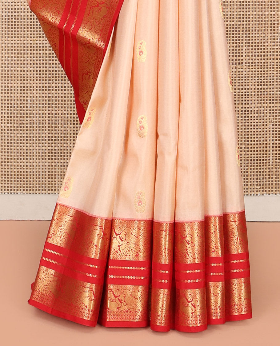 Sandal Vasundhara Silk Saree, Graced with Zari Meena Buttas All Over Its Body, Complemented by a Contrast Border of Diamond, Mayil, and Kuthirai Designs, Grand Jaal Pallu, and Paired with a Contrast Blouse