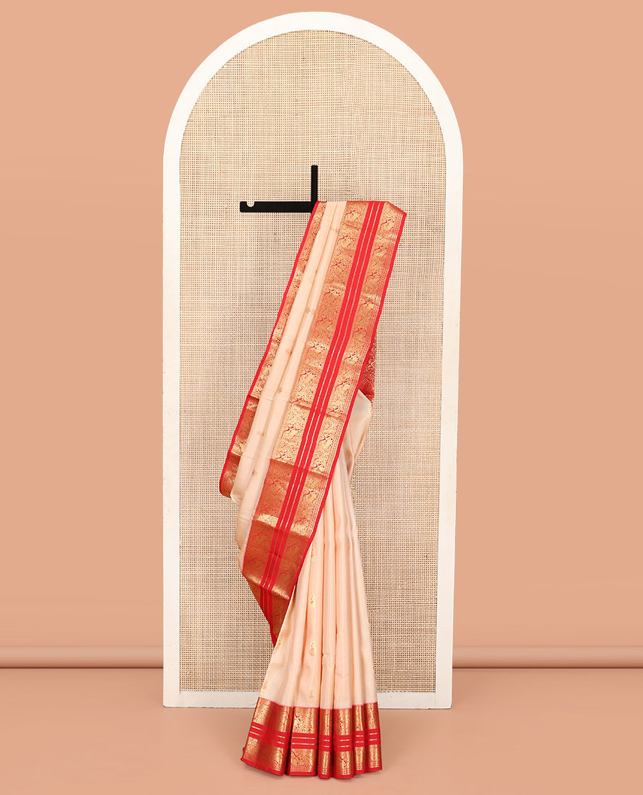 Sandal Vasundhara Silk Saree, Graced with Zari Meena Buttas All Over Its Body, Complemented by a Contrast Border of Diamond, Mayil, and Kuthirai Designs, Grand Jaal Pallu, and Paired with a Contrast Blouse