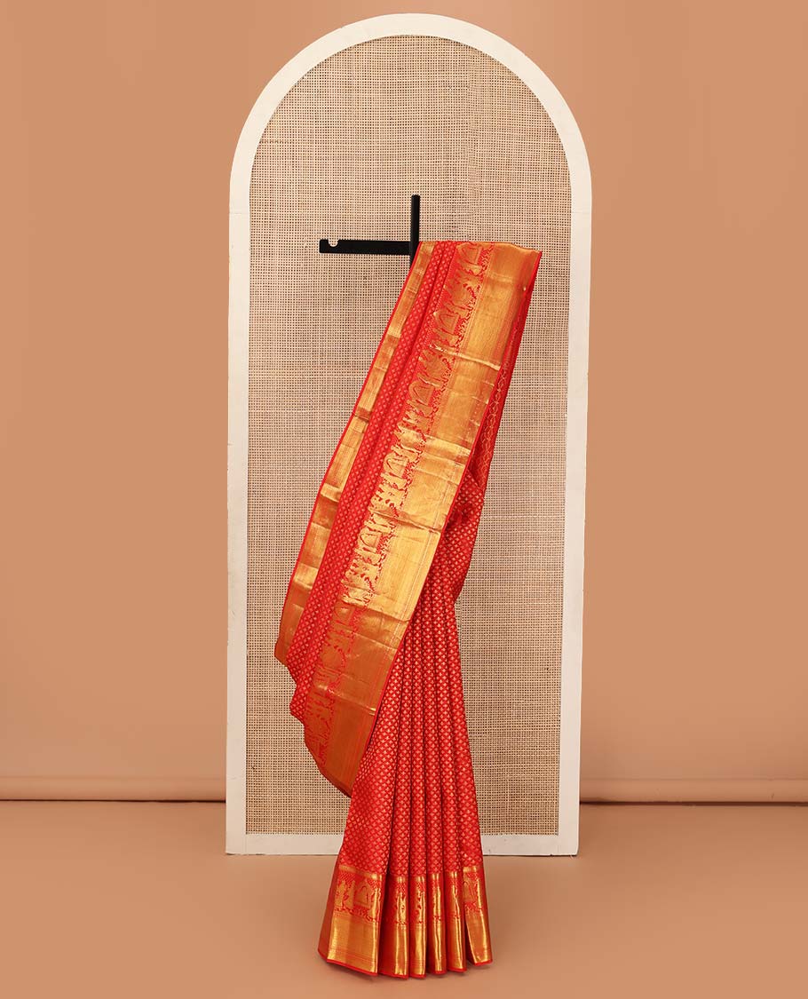 Red jacquard wedding silk saree, traditional zari border of wedding palanquin design, and floral design zari woven pallu