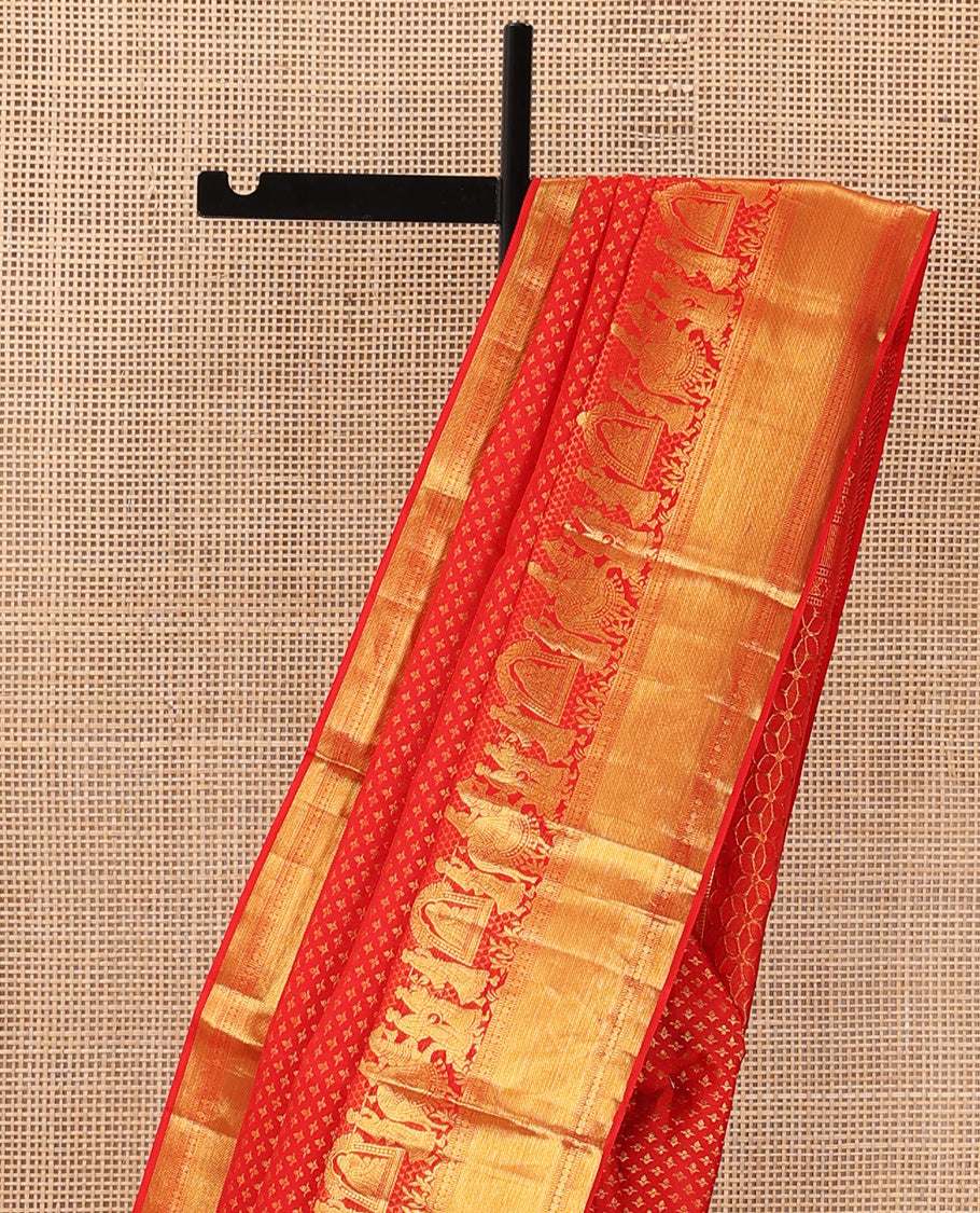 Red jacquard wedding silk saree, traditional zari border of wedding palanquin design, and floral design zari woven pallu