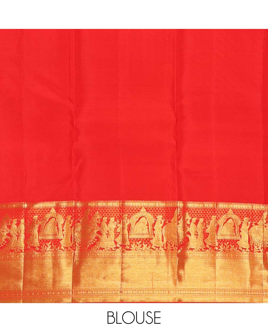 Red jacquard wedding silk saree, traditional zari border of wedding palanquin design, and floral design zari woven pallu