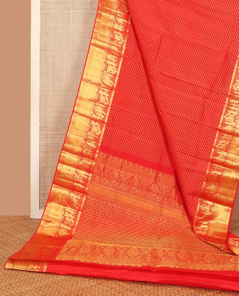 Red jacquard wedding silk saree, traditional zari border of wedding palanquin design, and floral design zari woven pallu