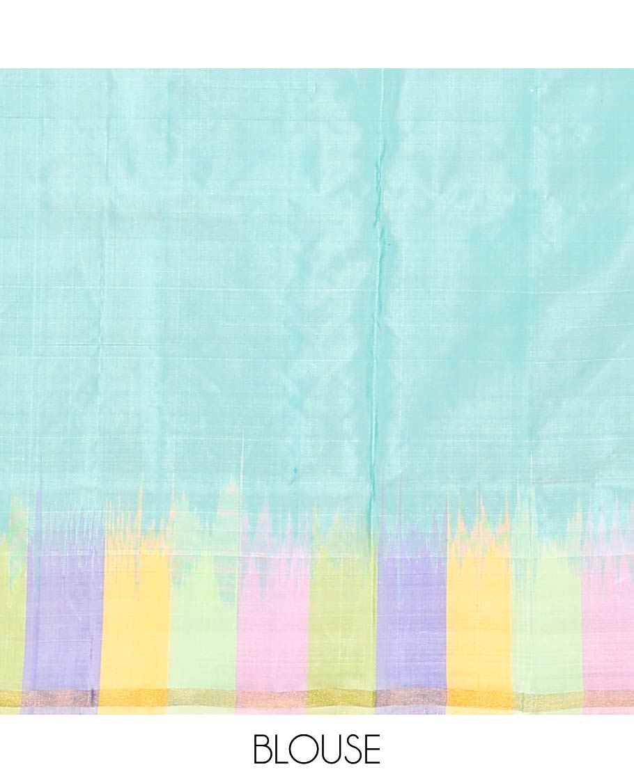 Green zari buttas soft silk saree, contrast multi-colored striped border, and jaal pallu